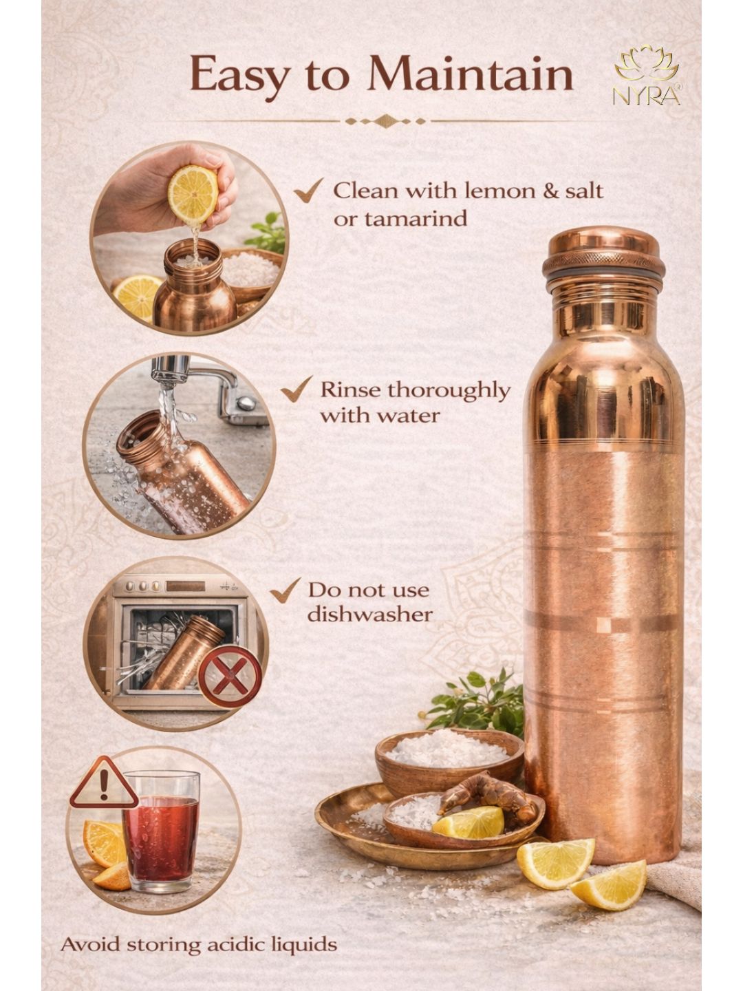 Pure Copper Water Bottle | Leak-Proof with Screw Cap | Glossy Silver-touch Copper Bottle