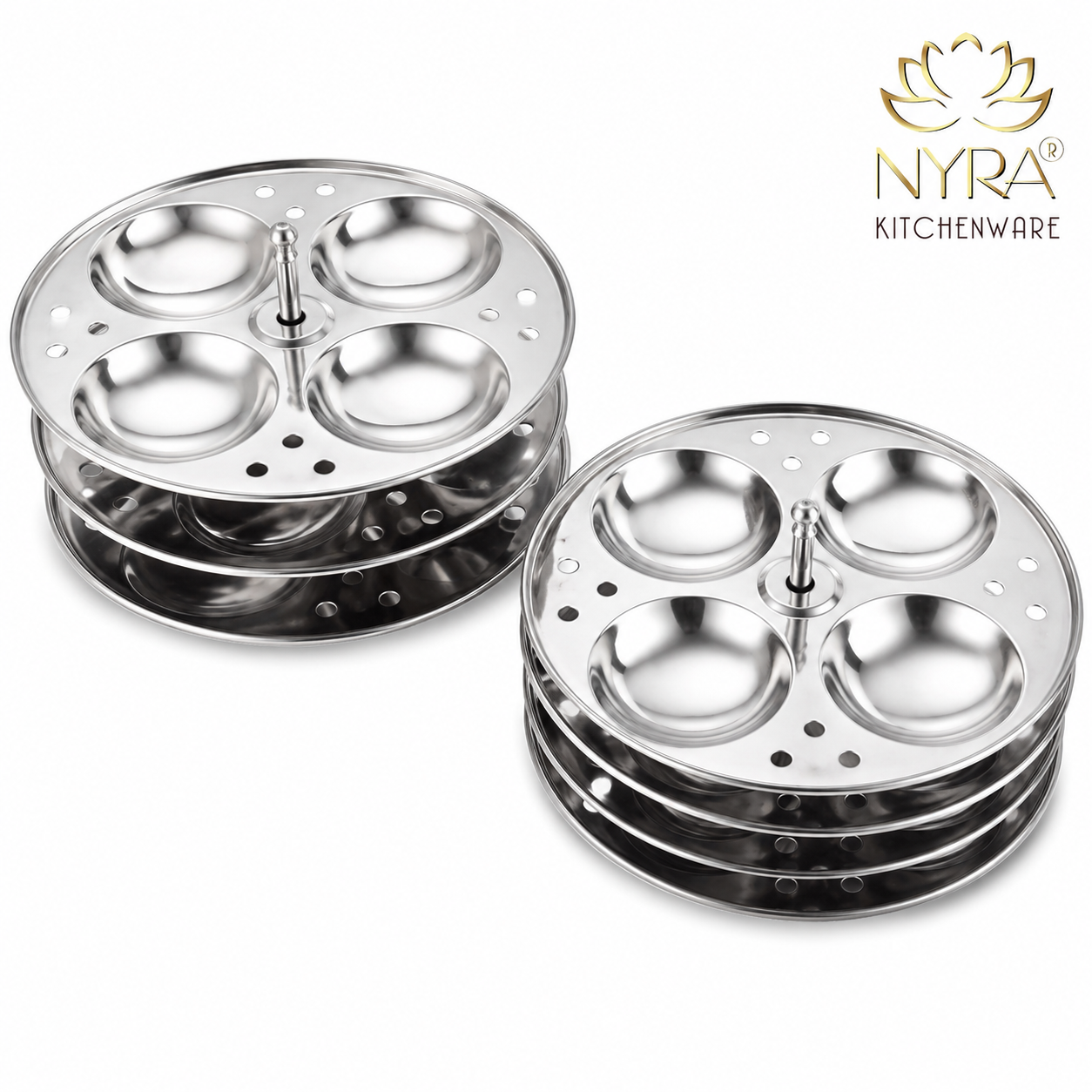 Stainless Steel Idli Stand 3 Plate/4 Plate Idli Maker - Round Cavities Steamer Rack for 5L Outer Lid Pressure Cooker Idli Pot Top Bhagona Large Cookware
