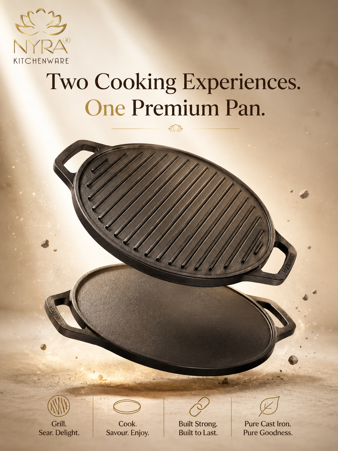 2-in-1 Cast Iron Dosa Tawa & Grill | Naturally Non-Stick, Induction & Gas Compatible