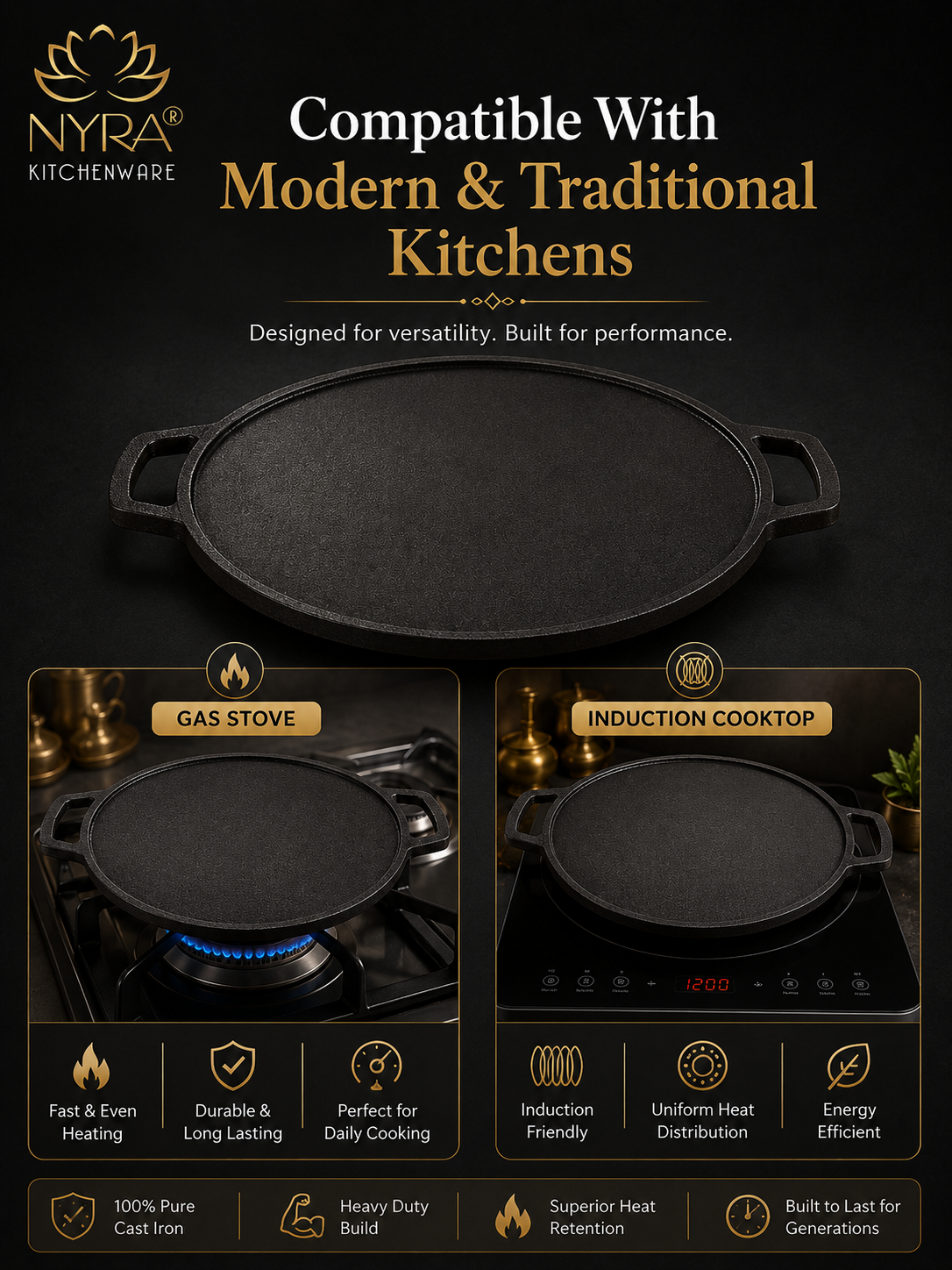 Cast Iron Dosa & Chapati Tawa | Pre-Seasoned, No Coating, All Stove Types