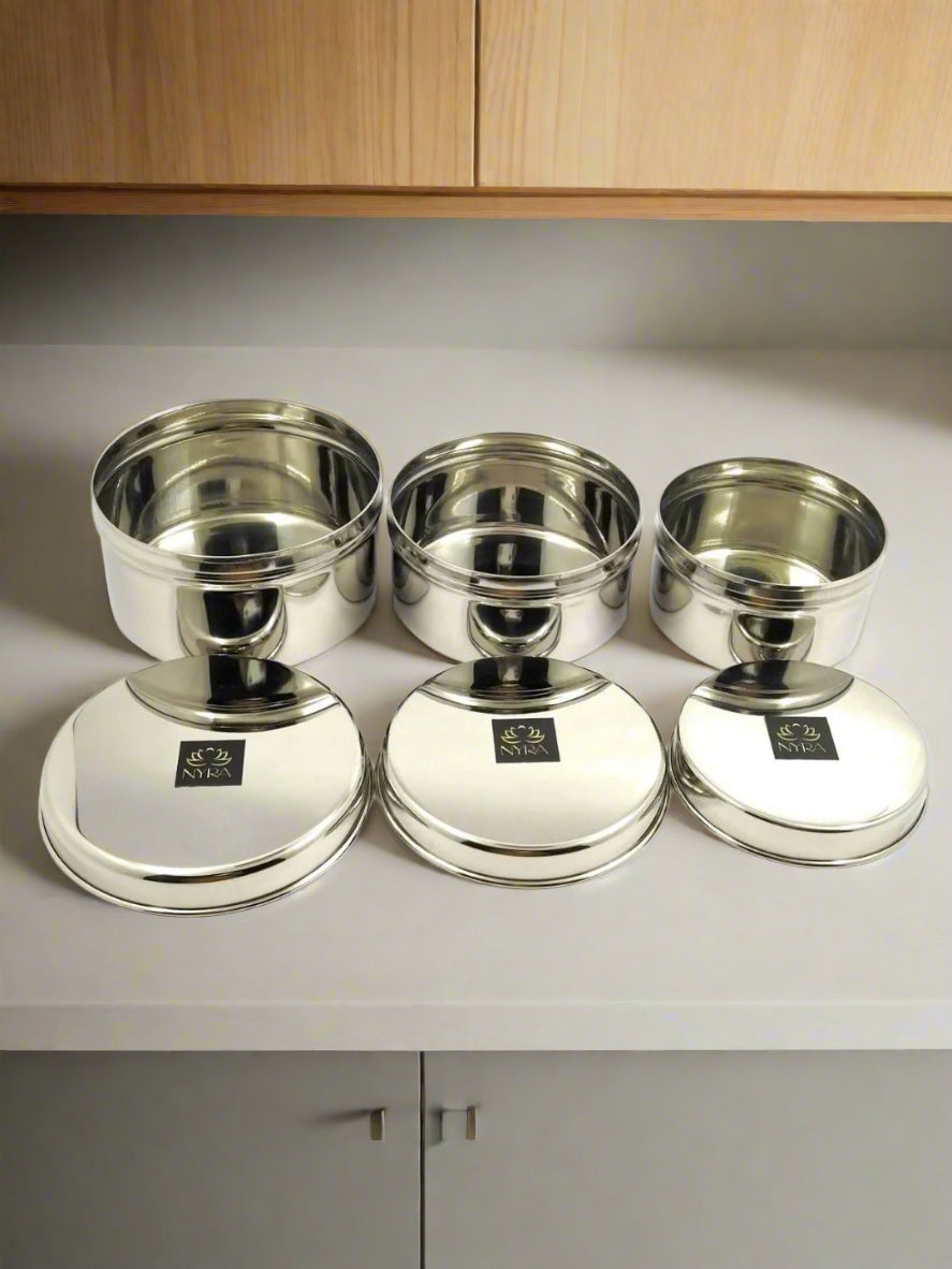 Stainless-Steel Box Round Storage Container (Gol Dibbi/Dabba)- Set of 3