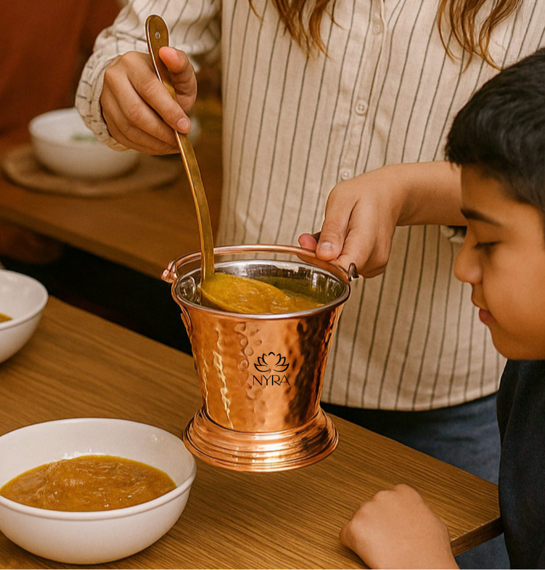 Copper Serving Bucket with Steel Insulated Interior | Traditional Indian Tableware/Serveware