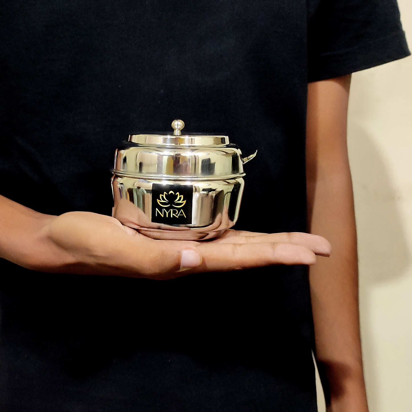 showing 150ml Stainless Steel Ghee/0il Pot Storage Container with Spoon