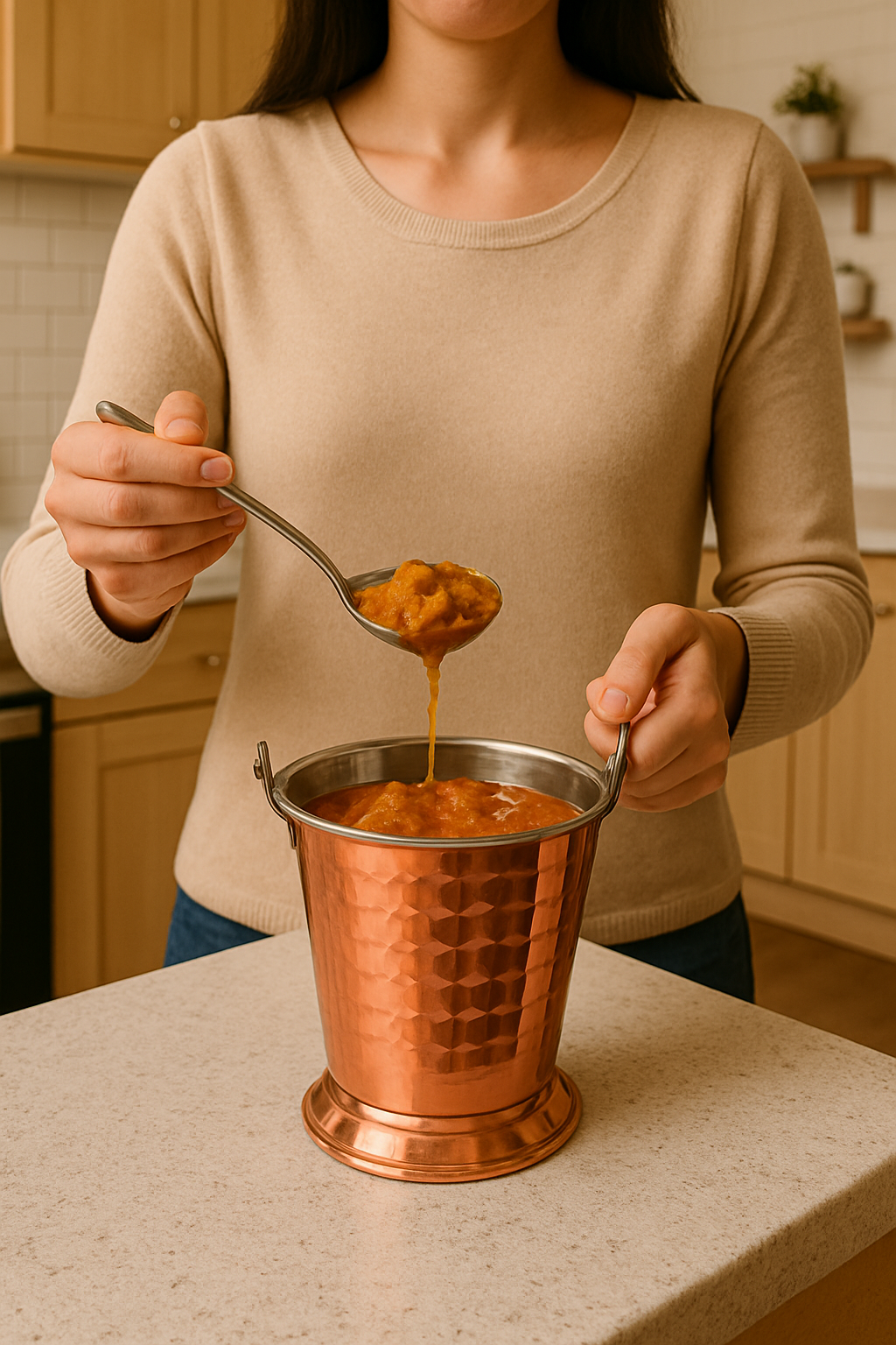 Person pouring a spoonful of food into a copper container in a kitchen.
