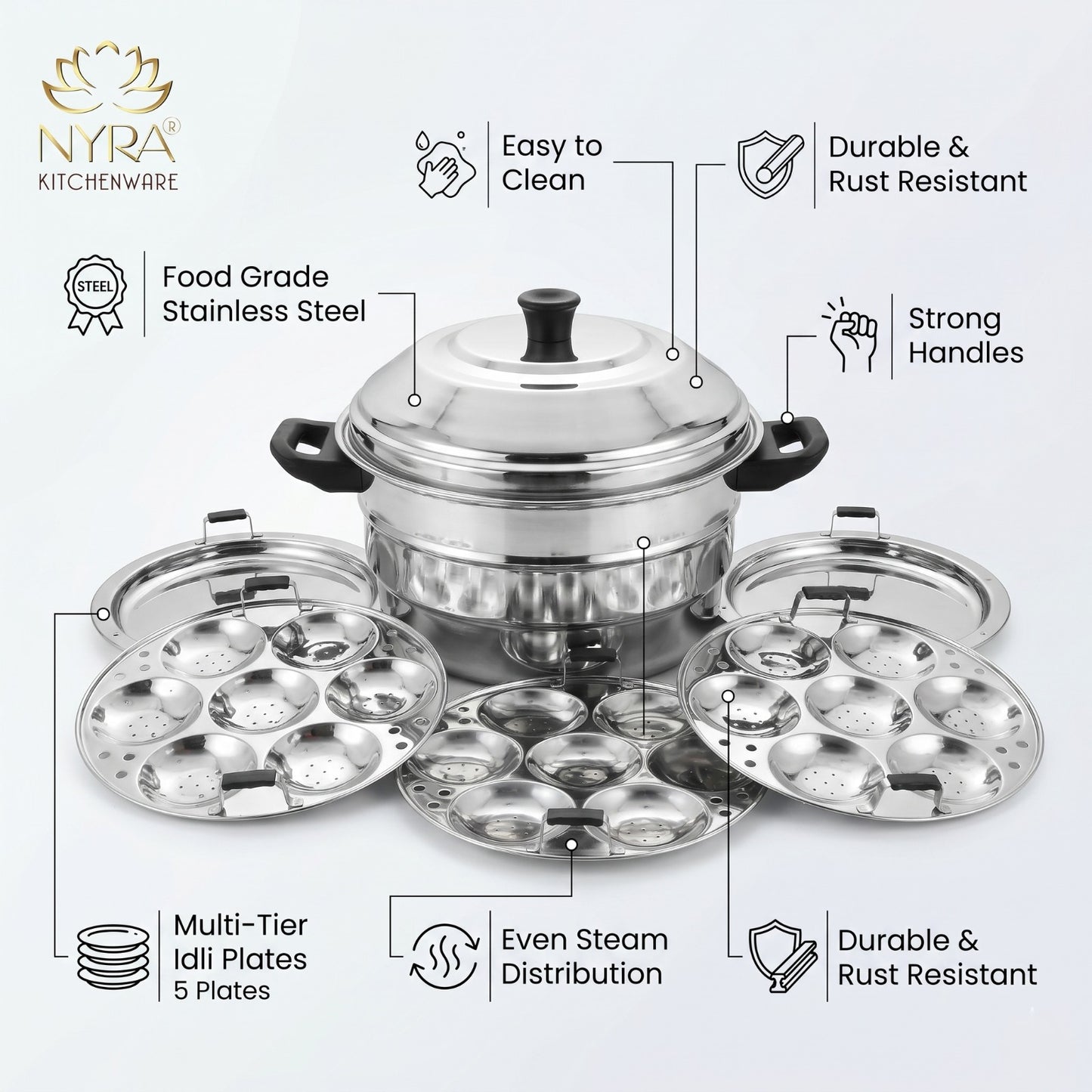 Premium Stainless Steel Multi-Idli Cooker Pot with Stackable Idli Plates - 12, 14 & 21 Idly Stands