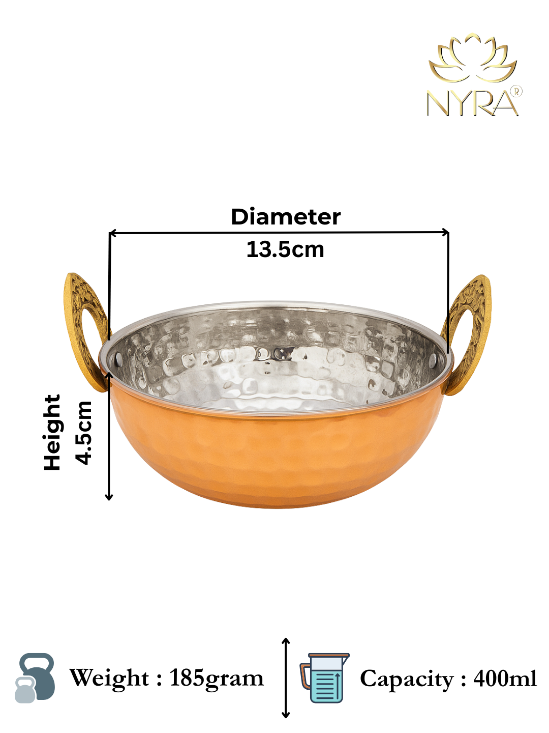 Metallic bowl with handles and dimensions labeled, featuring the Nyra brand.