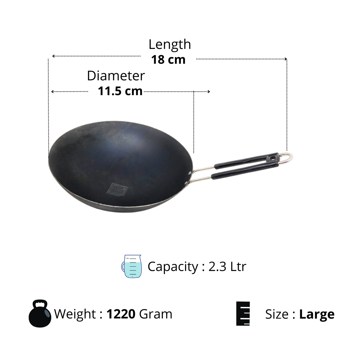 Dimensions of large Iron Chinese Wok with Steel Handle