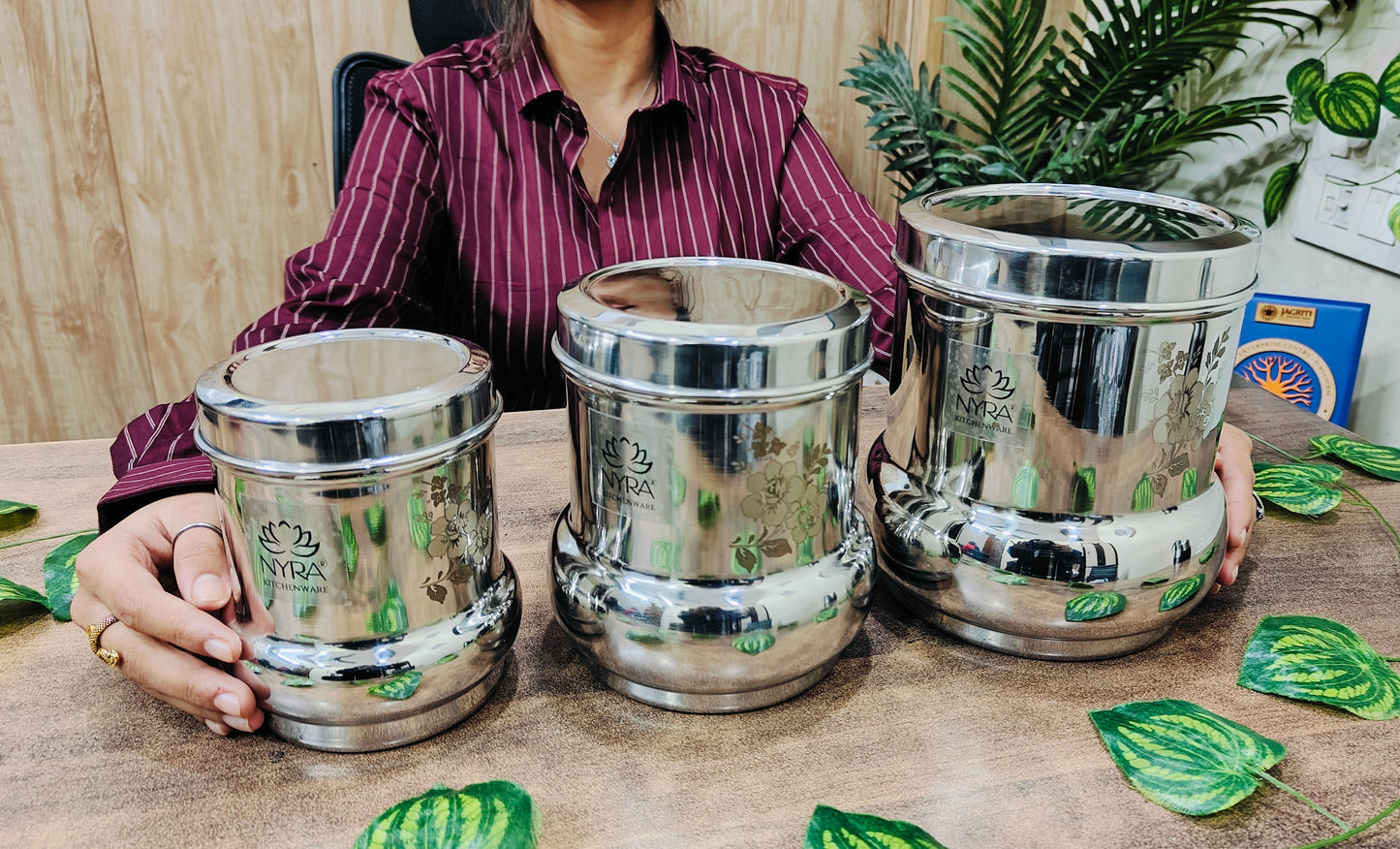 Stainless-Steel Belly Shaped Laser Floral Printed Deep Storage Box Containers Dibba