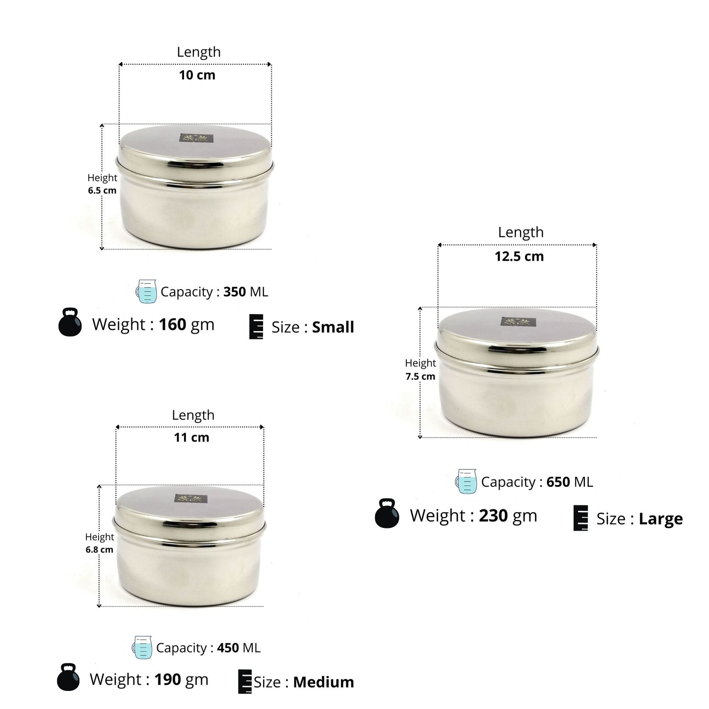Stainless-Steel Box Round Storage Container (Gol Dibbi/Dabba)- Set of 3
