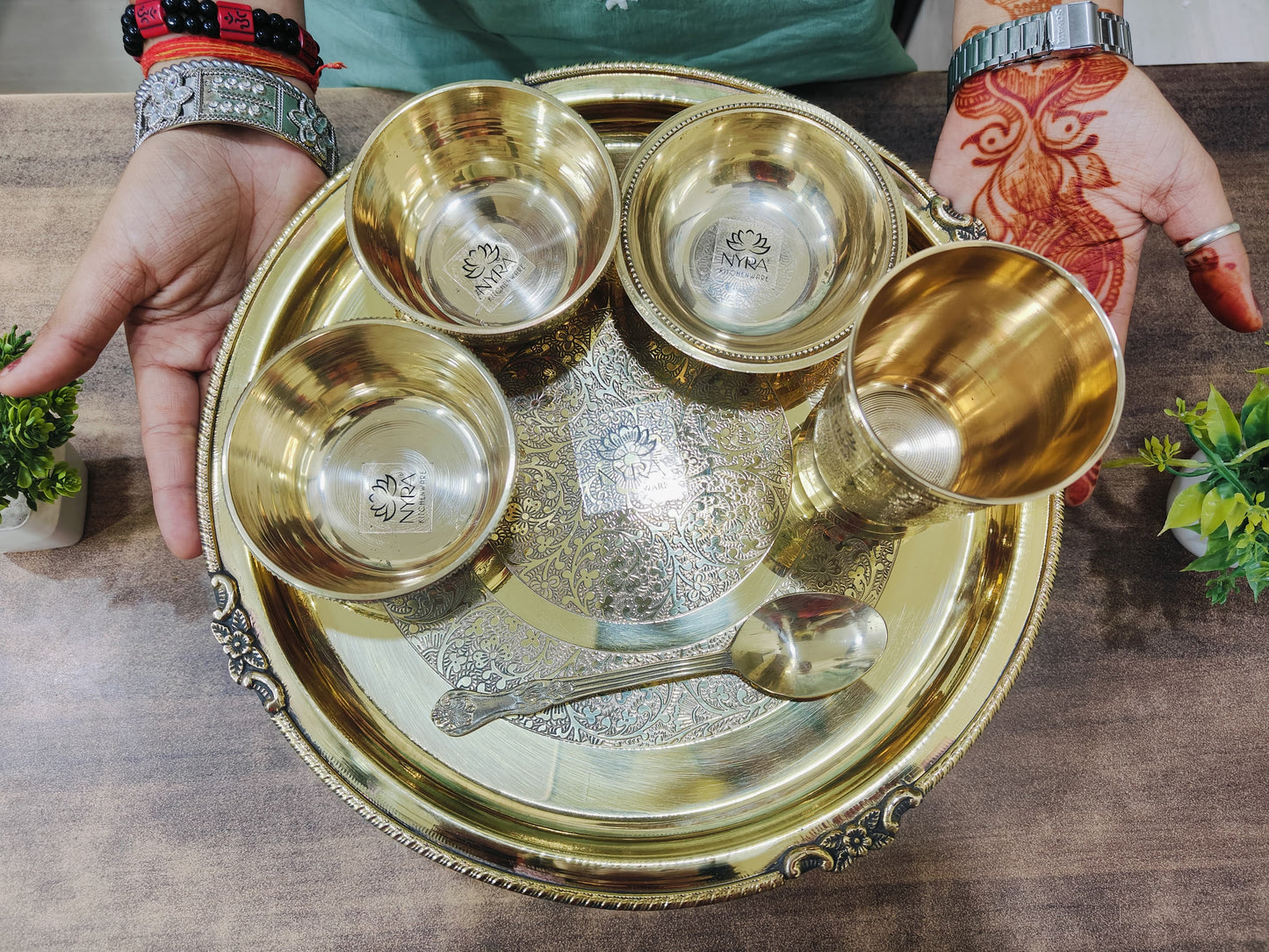 Traditional Brass Dinner Thali Set | Peetal Embossed Floral Design Set