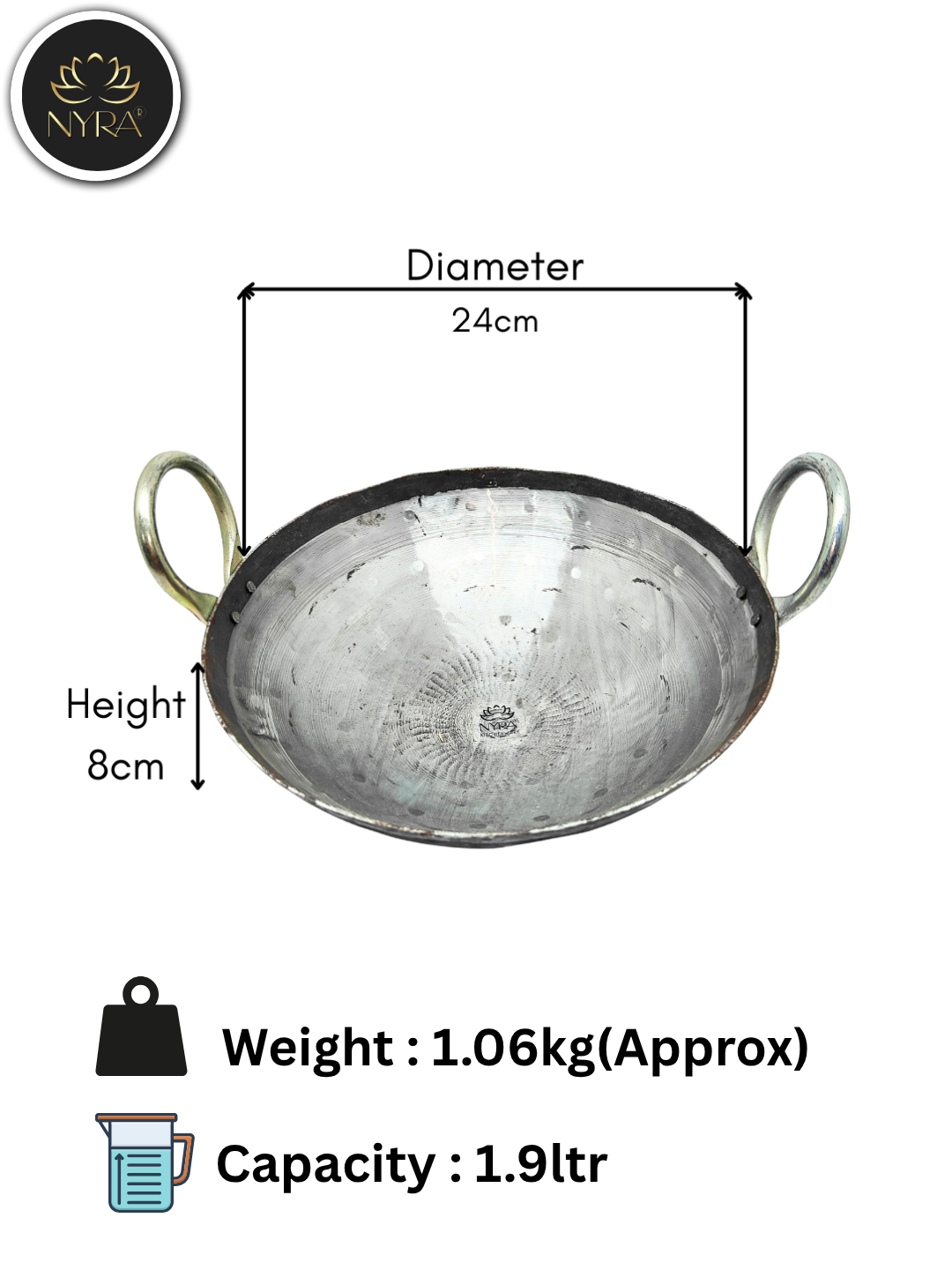 Measurement chart of a metallic dish with handles, showing diameter, height, weight, and capacity.