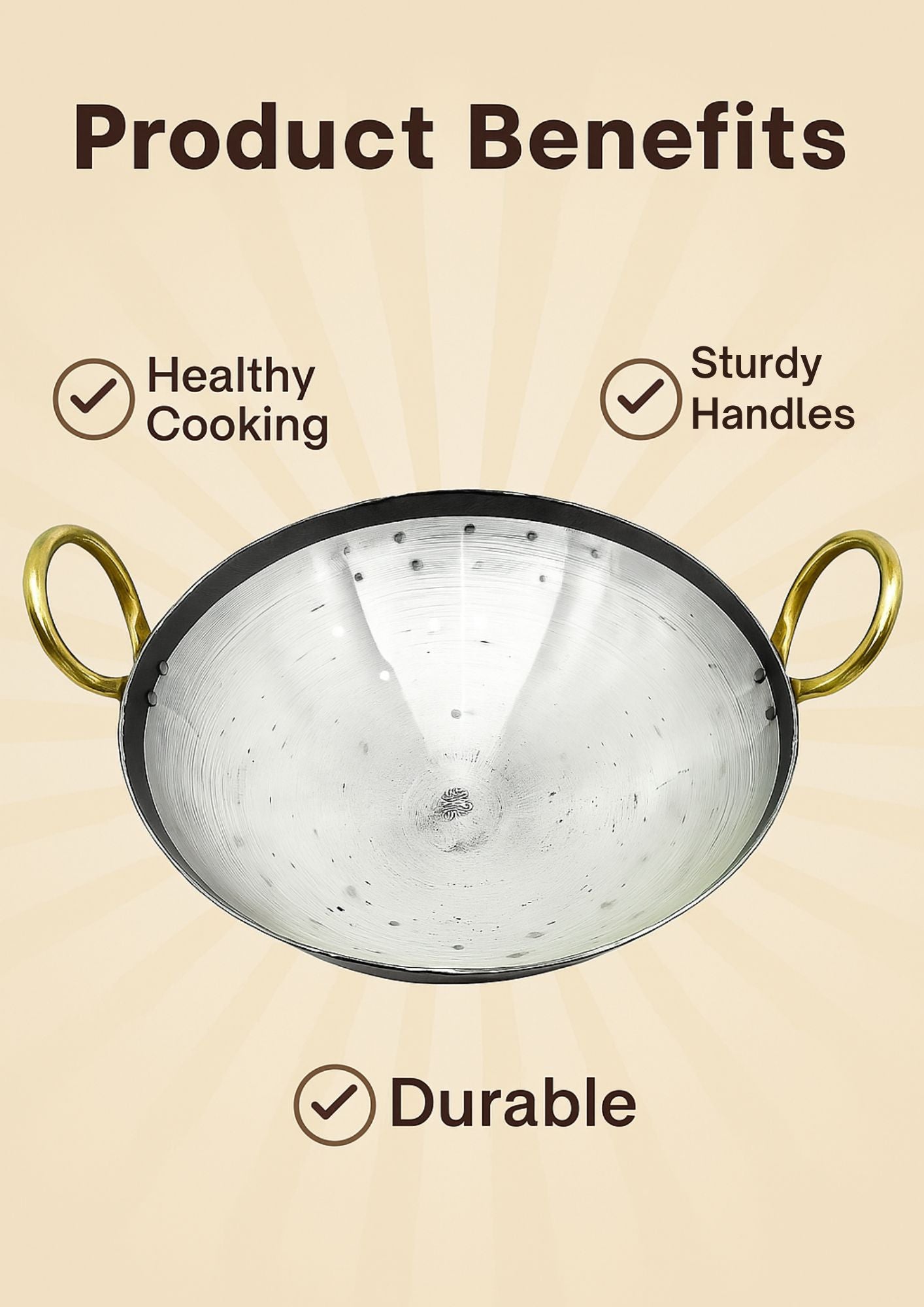 Black WOK with gold handles on a beige background with text highlighting product benefits.