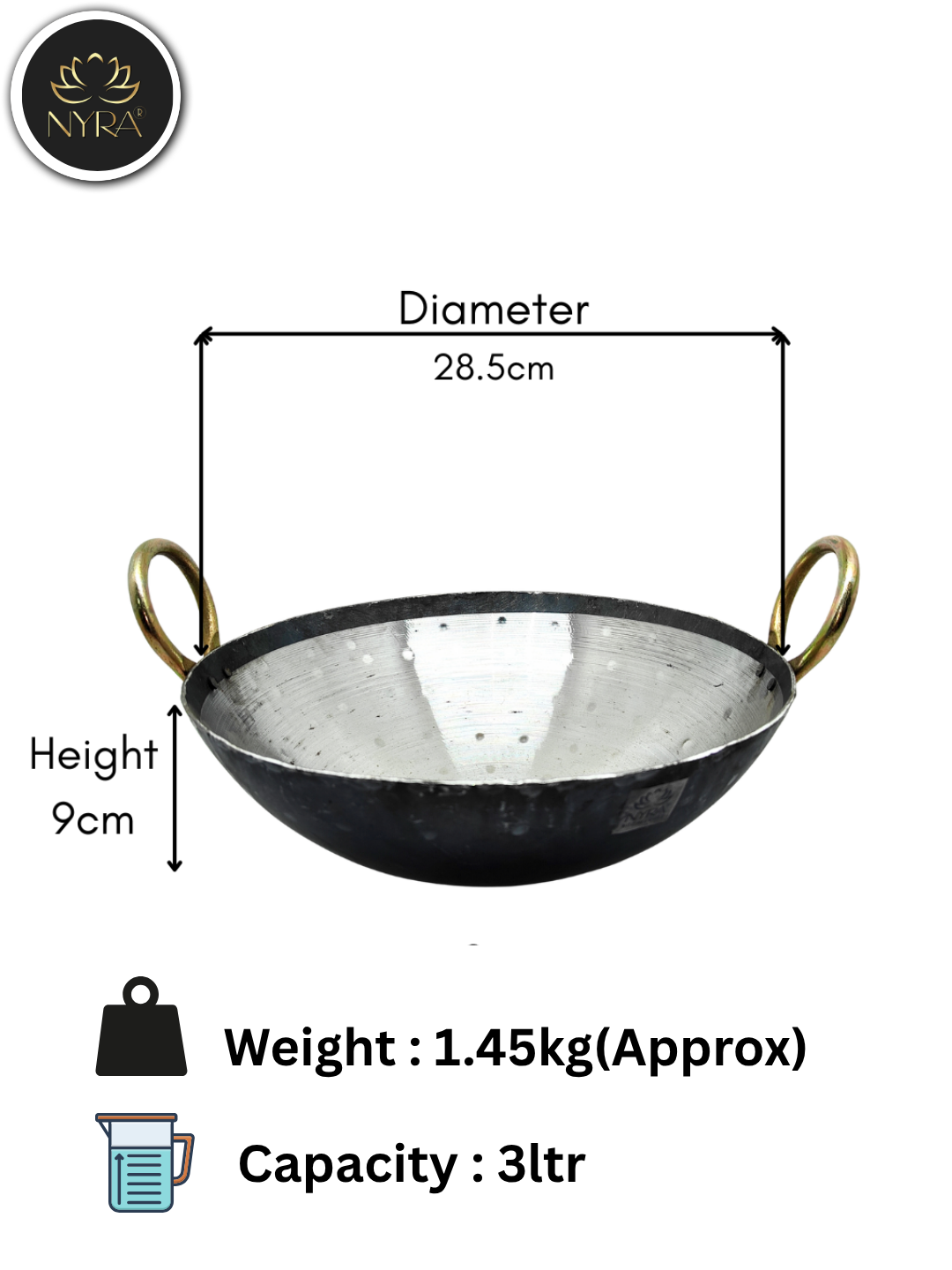 Black metal wok with handles and measurements on a white background