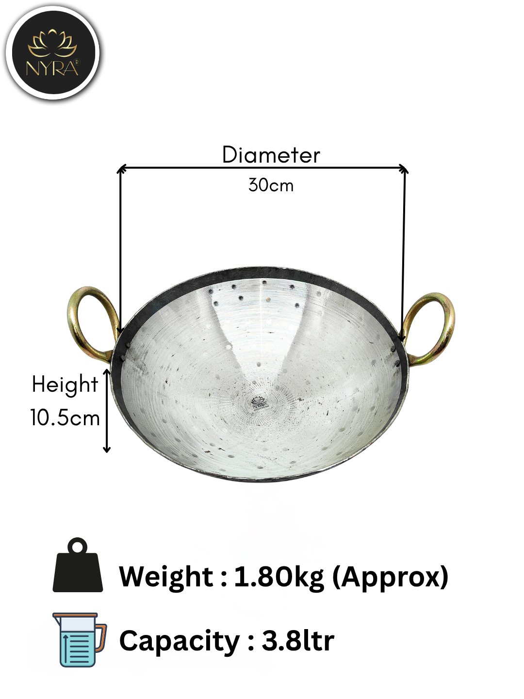 Measurement chart of a metallic pot with dimensions and weight capacity on a white background.
