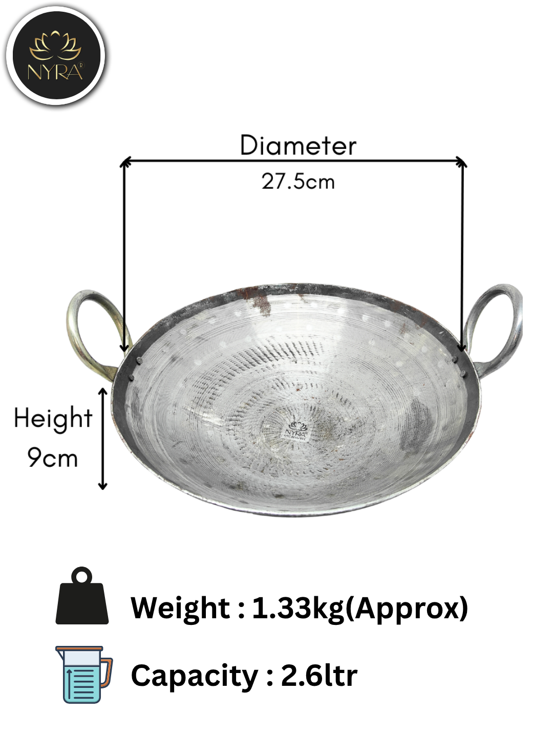 Measurement chart of a metal kadai with dimensions, weight, and capacity details.