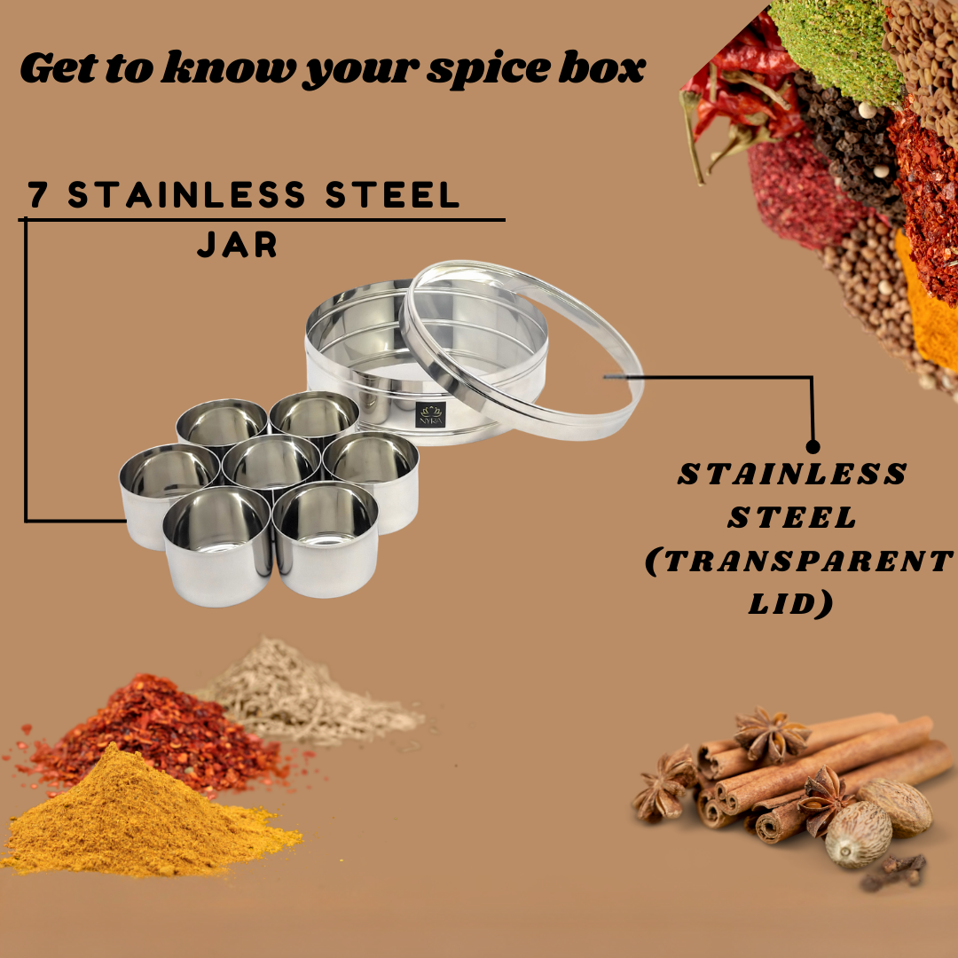 Nyra Stainless Steel Masaldani/Spice Box With See-Through Lid with 7 storing bowls