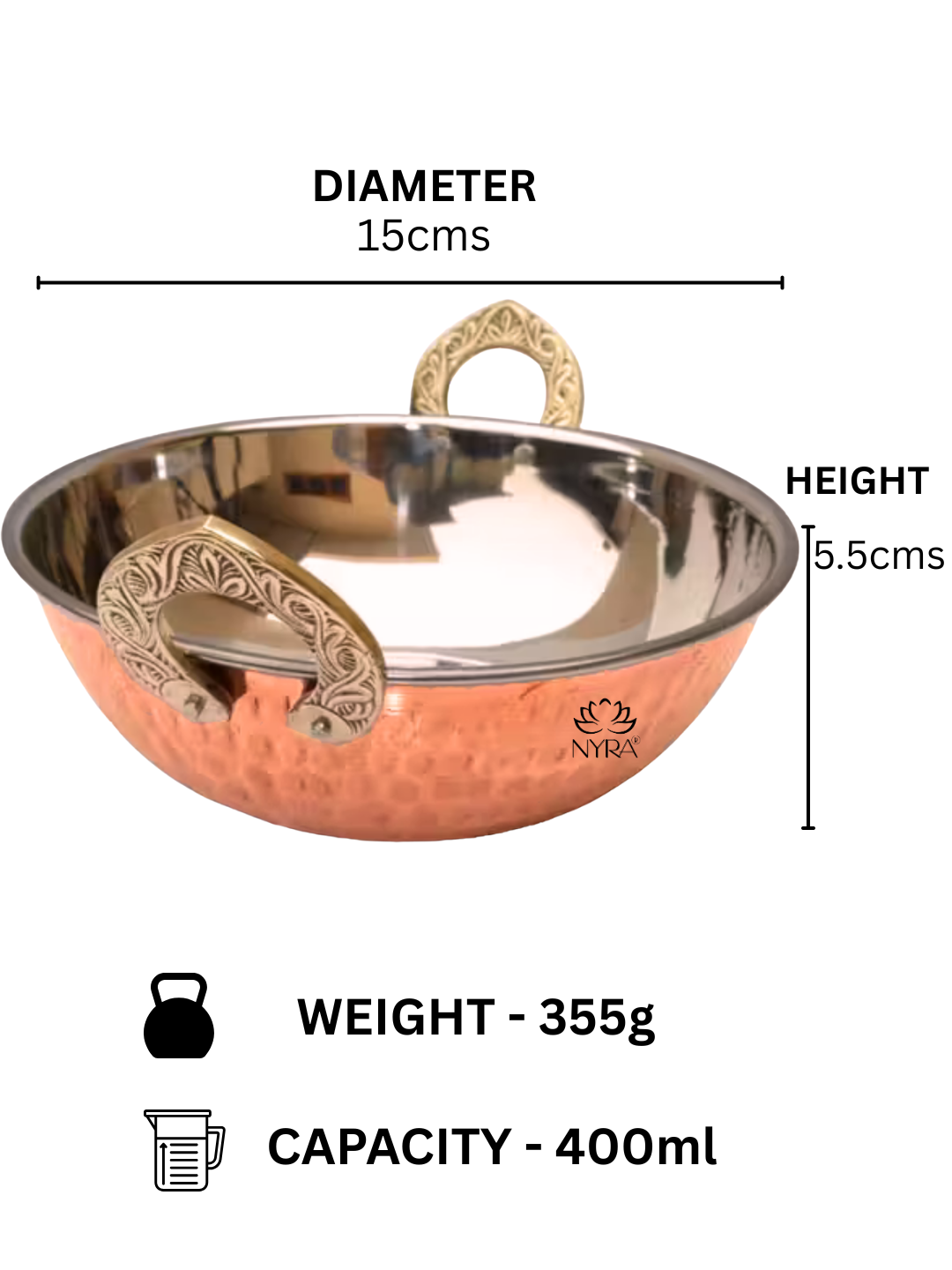 Copper Serving Kadhai/Wok Insulated with Stainless Steel | Hammered Tableware for Homes, Restaurants & Hotels