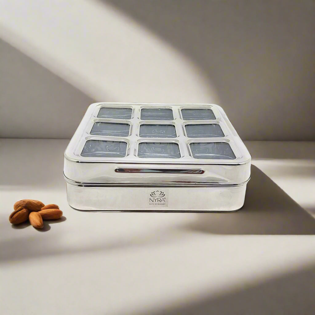 Stainless Steel 9 Compartment Dry fruit/Spice Box | Square-shaped Multipurpose Box | Kitchen Organiser with See-Through Lid