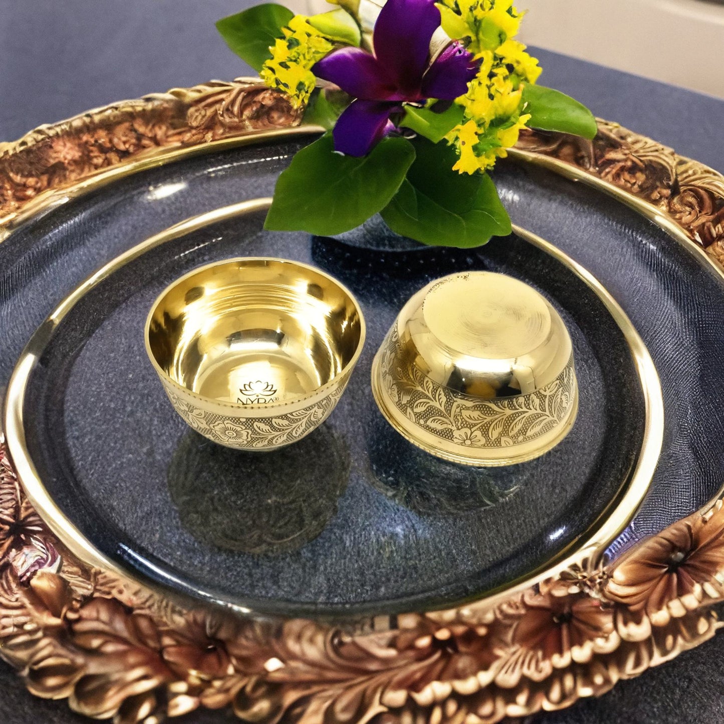 Traditional Brass/Peetal Katori | Embedded Floral Design