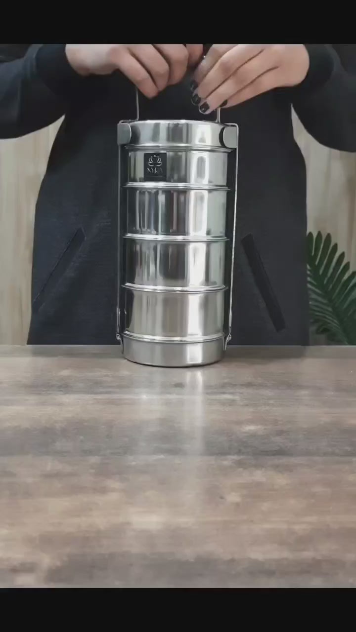 showing inhand quality and finishing of Stainless Steel Food Grade 4 Meal Containers Tiffin/Lunch Box