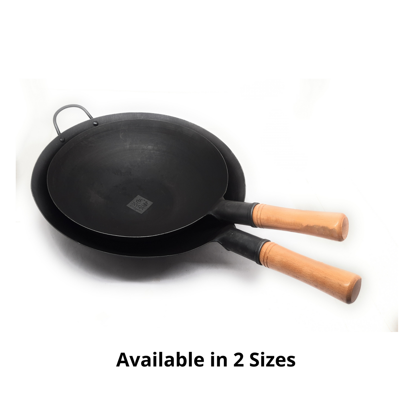 available in two sizes Loha Kadhai (Iron Wok) with Wooden Handle