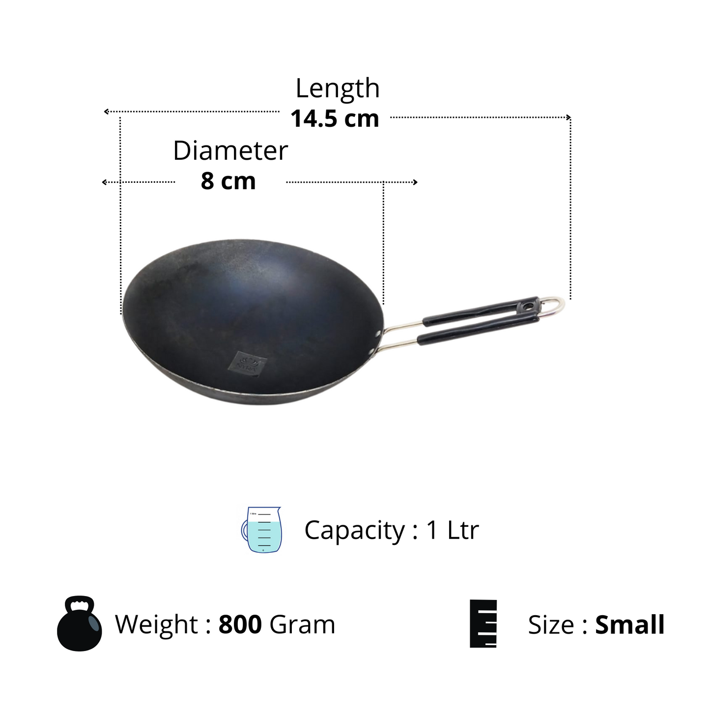 Dimensions of small Iron Chinese Wok with Steel Handle