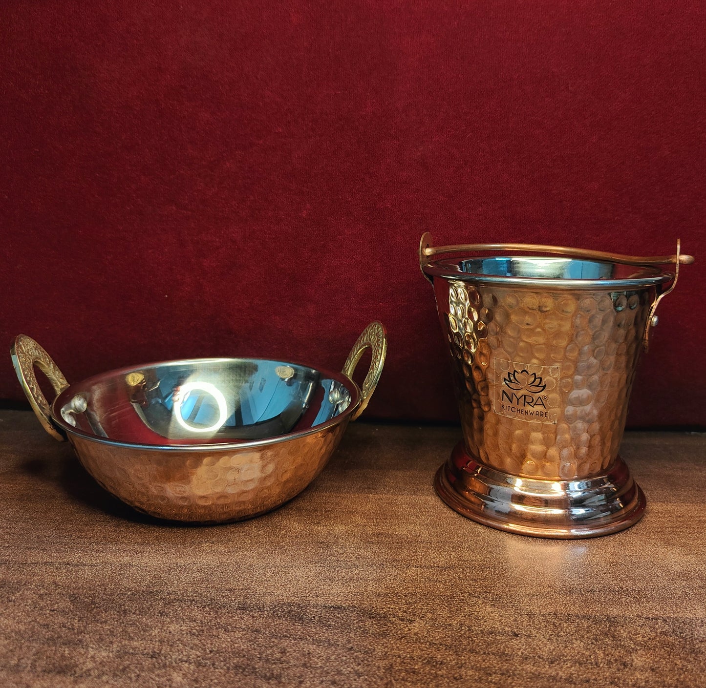 Copper Hammered Wok & Bucket Set - Traditional Serveware Set | Stainless Steel Inside & Copper Outside Balti & Kadhai