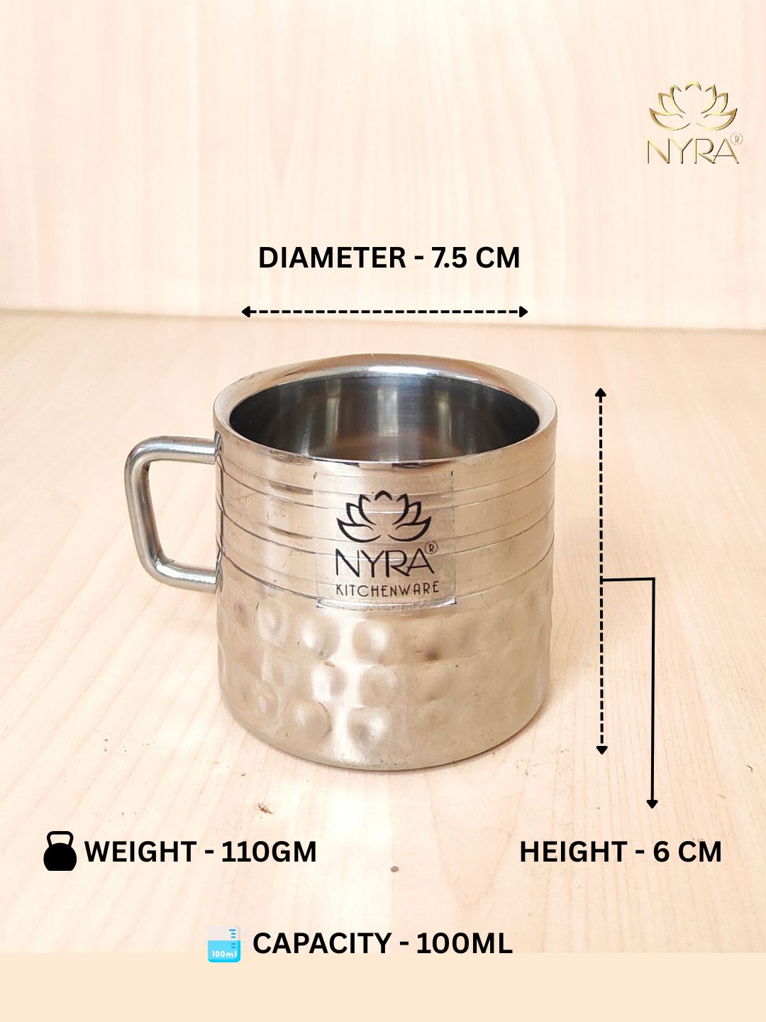 Stainless steel mug with dimensions and weight on a beige background