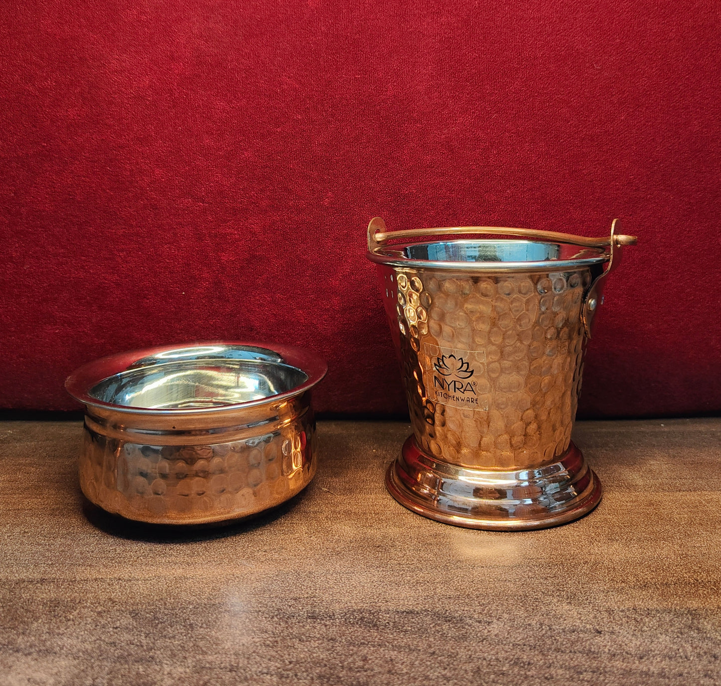 Copper Hammered Serving Bucket & Handi Bowl | Dual-Layer with Stainless Steel Interior Tableware Set