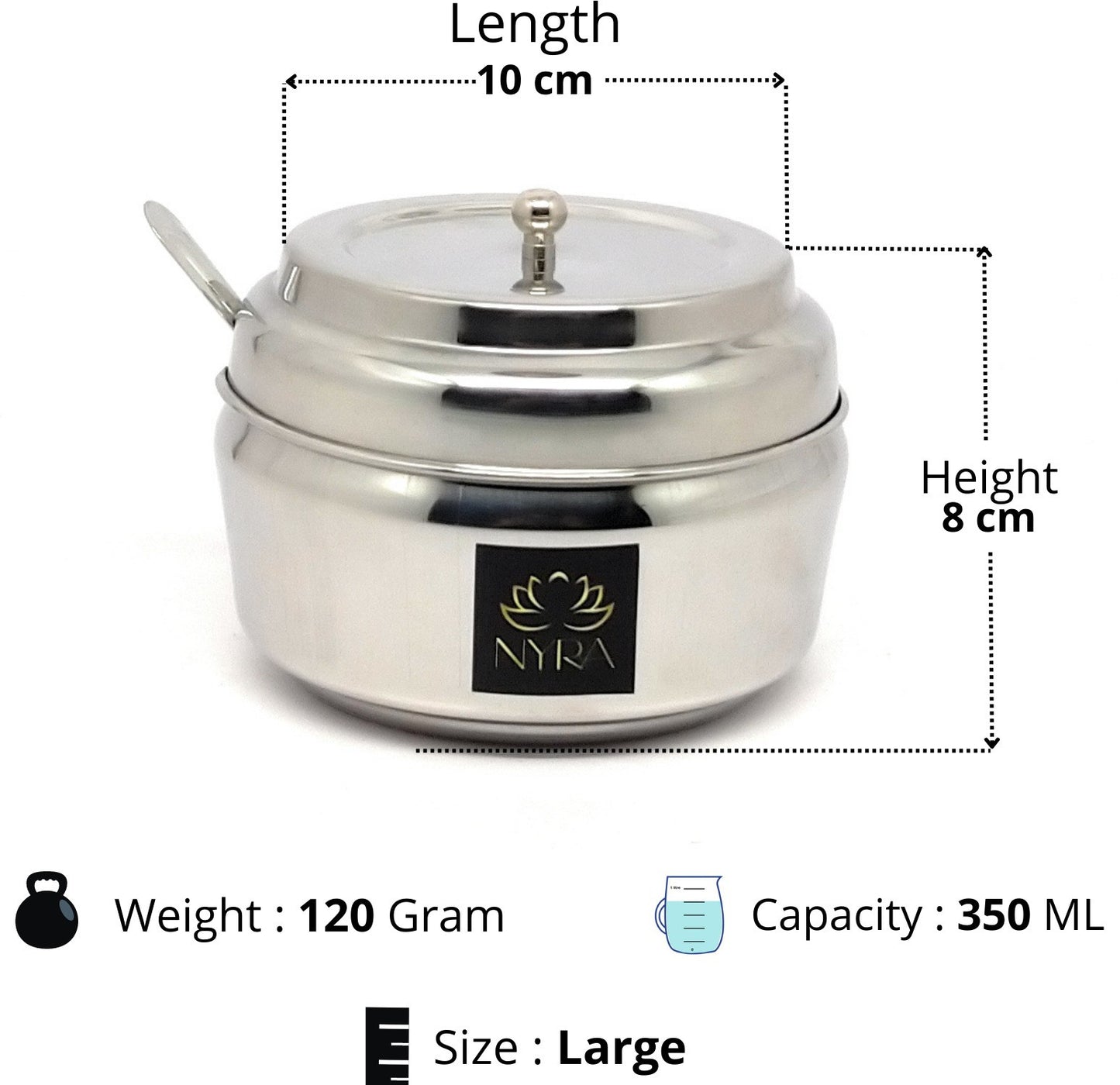 Dimensions of 350ml Stainless Steel Ghee/0il Pot Storage Container with Spoon