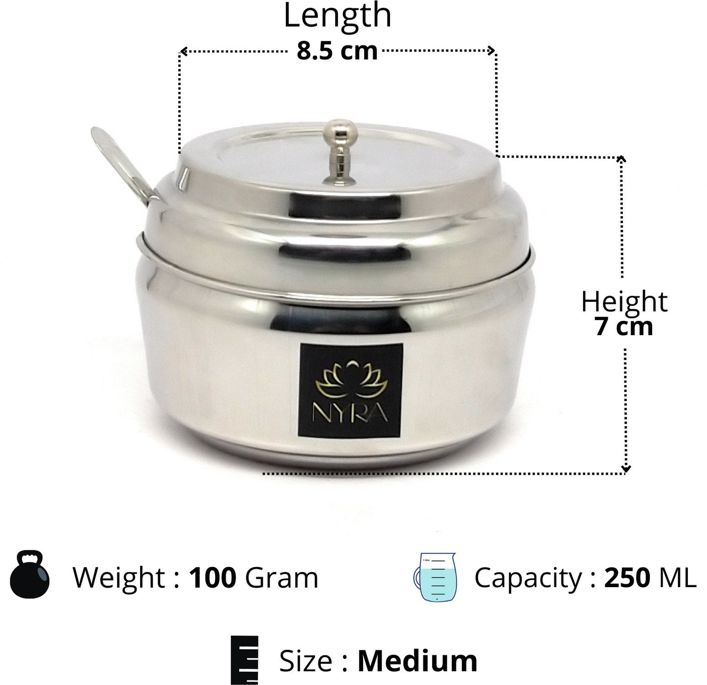 Dimensions of 250ml Stainless Steel Ghee/0il Pot Storage Container with Spoon