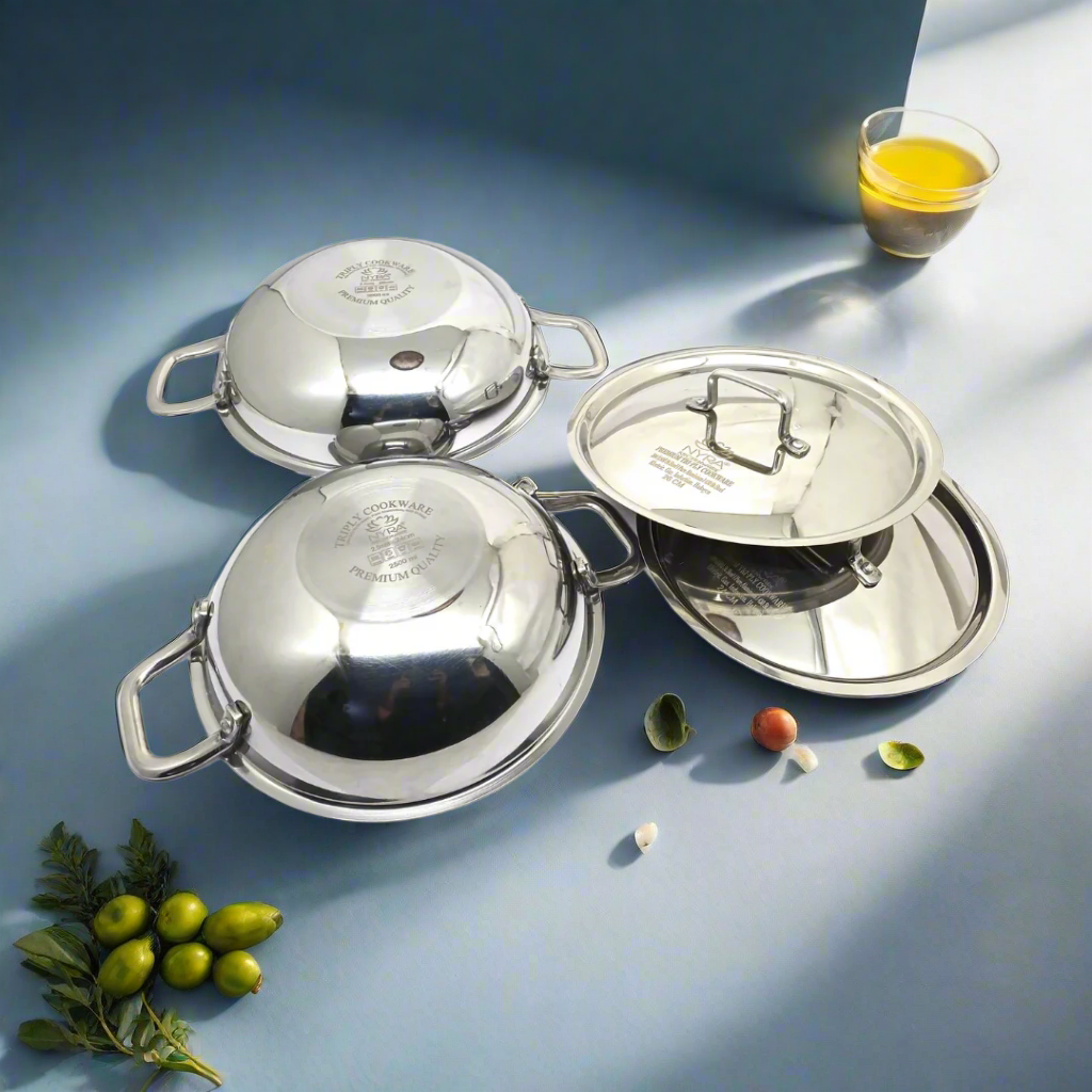 Triply Stainless Steel Kadai with Lid Set of 2pcs. | Heavy Bottom Induction Friendly Cookware Set