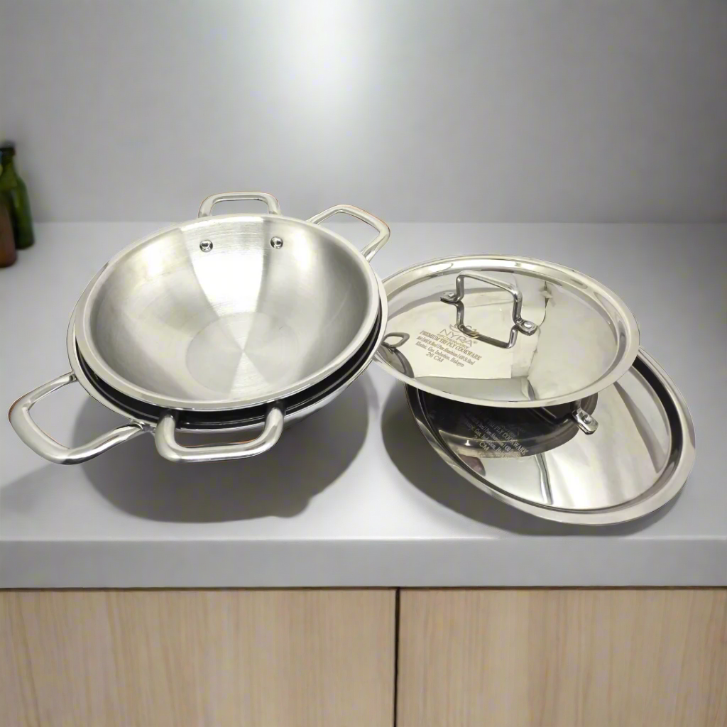 Triply Stainless Steel Kadai with Lid Set of 2pcs. | Heavy Bottom Induction Friendly Cookware Set