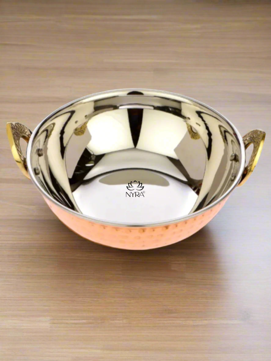 Copper Serving Kadhai/Wok Insulated with Stainless Steel | Hammered Tableware for Homes, Restaurants & Hotels
