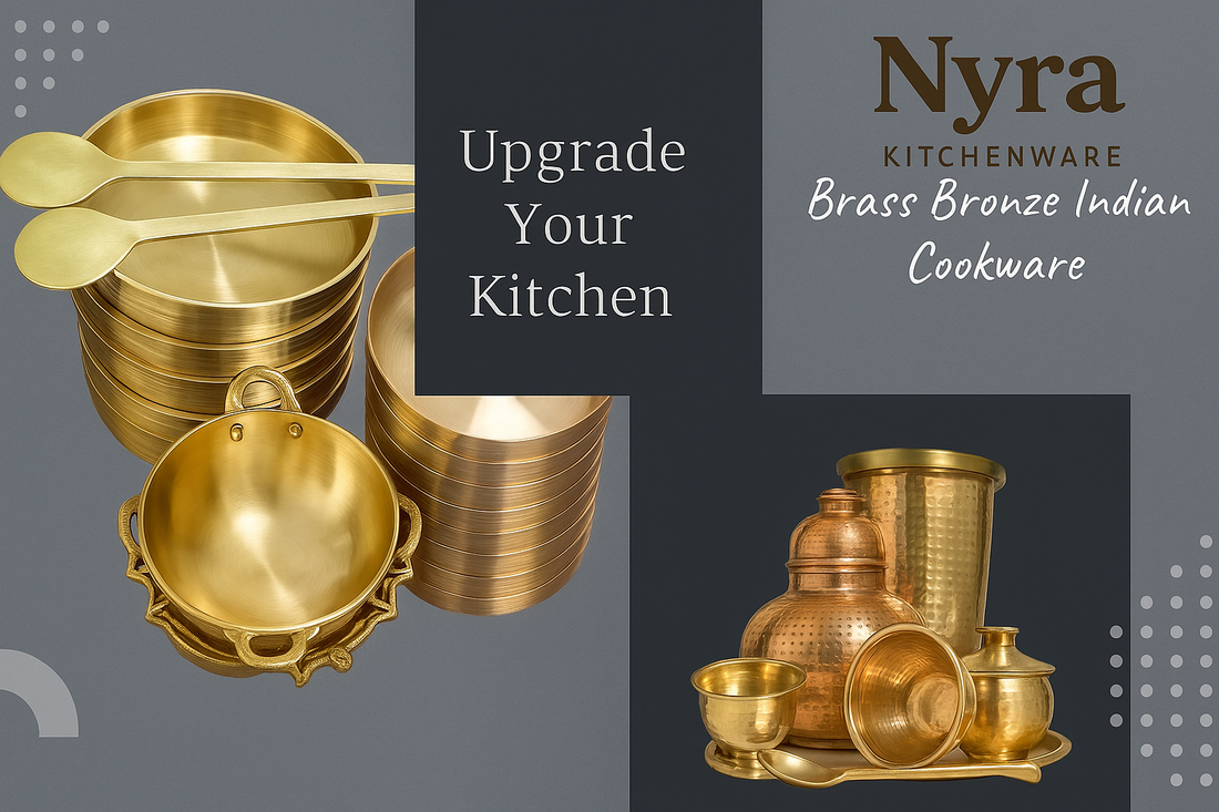 Traditional brass and bronze utensils including a hammered kadhai, tin-coated saucepan, kansa thali set, and peetal mortar-pestle from Nyra Kitchenware, displayed on a rustic kitchen counter.