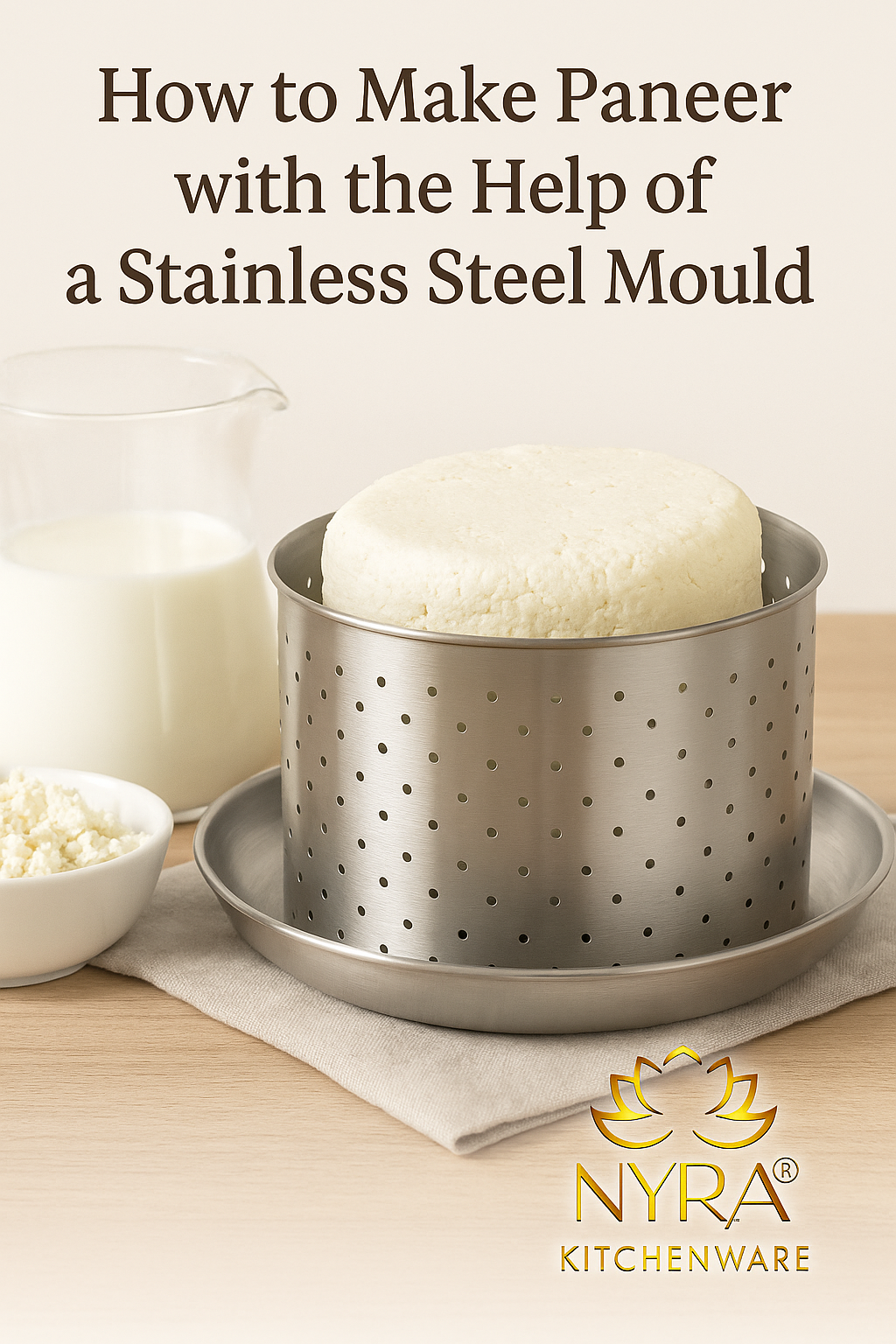 Homemade paneer being pressed in a stainless steel paneer mould from Nyra Kitchenware – eco-friendly, food-grade, and easy-to-use cheese moulds for home kitchens.