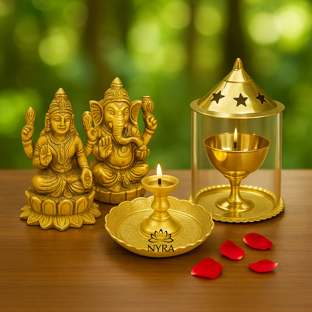 Stylish and traditional housewarming party gifts and return gift ideas featuring brass idols, bronze glasses, and stainless steel serveware.
