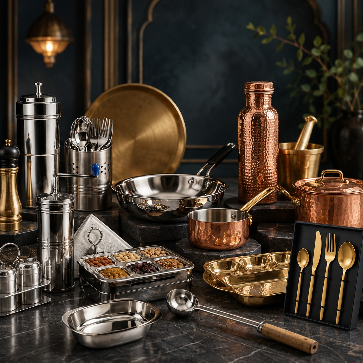 kitchenware of different types of metals