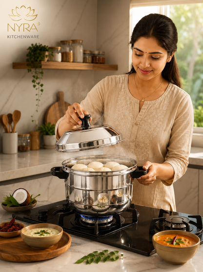 Stainless Steel Idli Cooker - 5 Plates | 3-Tier Steamer for Idli & Multi-Purpose Use