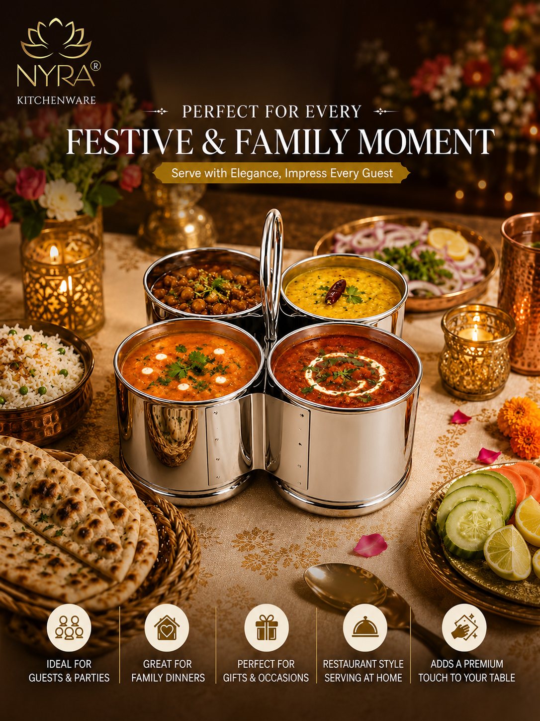 Stainless Steel Chougadha | Chaumukha Vegetable Holder with Handle – Premium 2, 3, 4 Container