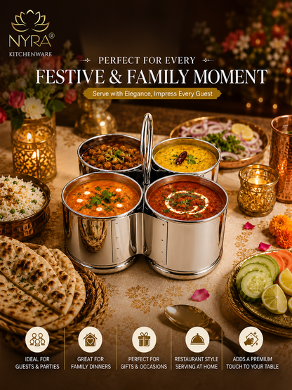 Stainless Steel Chougadha | Chaumukha Vegetable Holder with Handle – Premium 2, 3, 4 Container