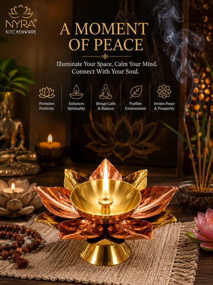 Brass Lotus Kamal Diya | Premium Handmade Akhand Oil Lamp - Pooja Brass Diya Stand