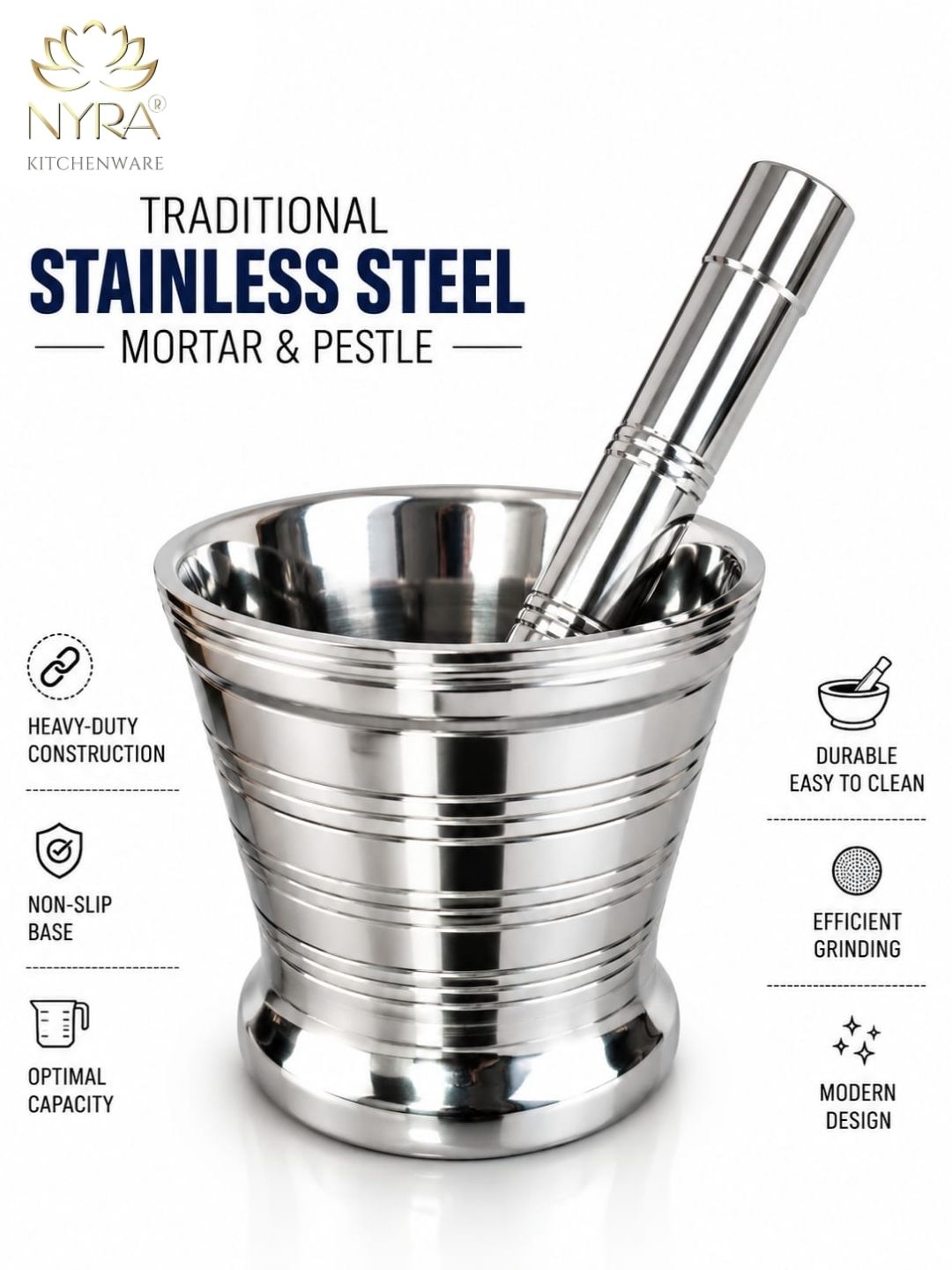 Premium Stainless Steel Mortar & Pestle Set/Khalbatta/Imam Dasta - 3 sizes