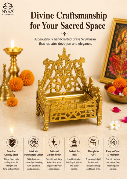 A golden brass singing bowl set displayed on a beige surface with decorative props, including a brass lamp, marigold flowers, and a framed artwork. The image includes marketing text reading 'Divine Craftsmanship for Your Sacred Space' and feature callouts along the bottom.