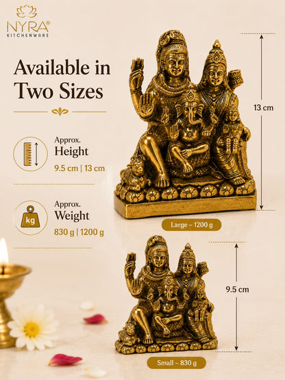 A brass-colored Hindu deity statue shown in two sizes on a beige background, with text indicating available sizes, height, weight, and product branding. The larger version is labeled 13 cm tall and 1200 g, while the smaller version is labeled 9.