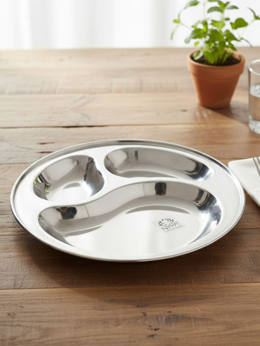 Stainless Steel 3-Compartment Dinner Plates | Mango-shaped Plates for Meals & Snacks |