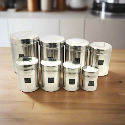 Stainless Steel Cylindrical Deep Storage Containers of all different sizes