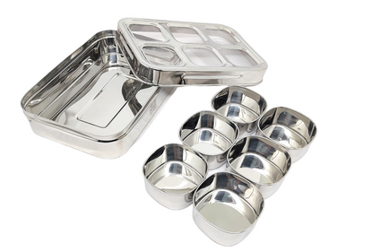 Stainless Steel 6 Compartment Dry Fruit/Spice Box for Kitchen Organization - See-Through Lid Masala/Dry Fruit Box