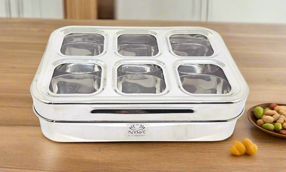 Stainless Steel 6 Compartment Dry Fruit/Spice Box for Kitchen Organization - See-Through Lid Masala/Dry Fruit Box