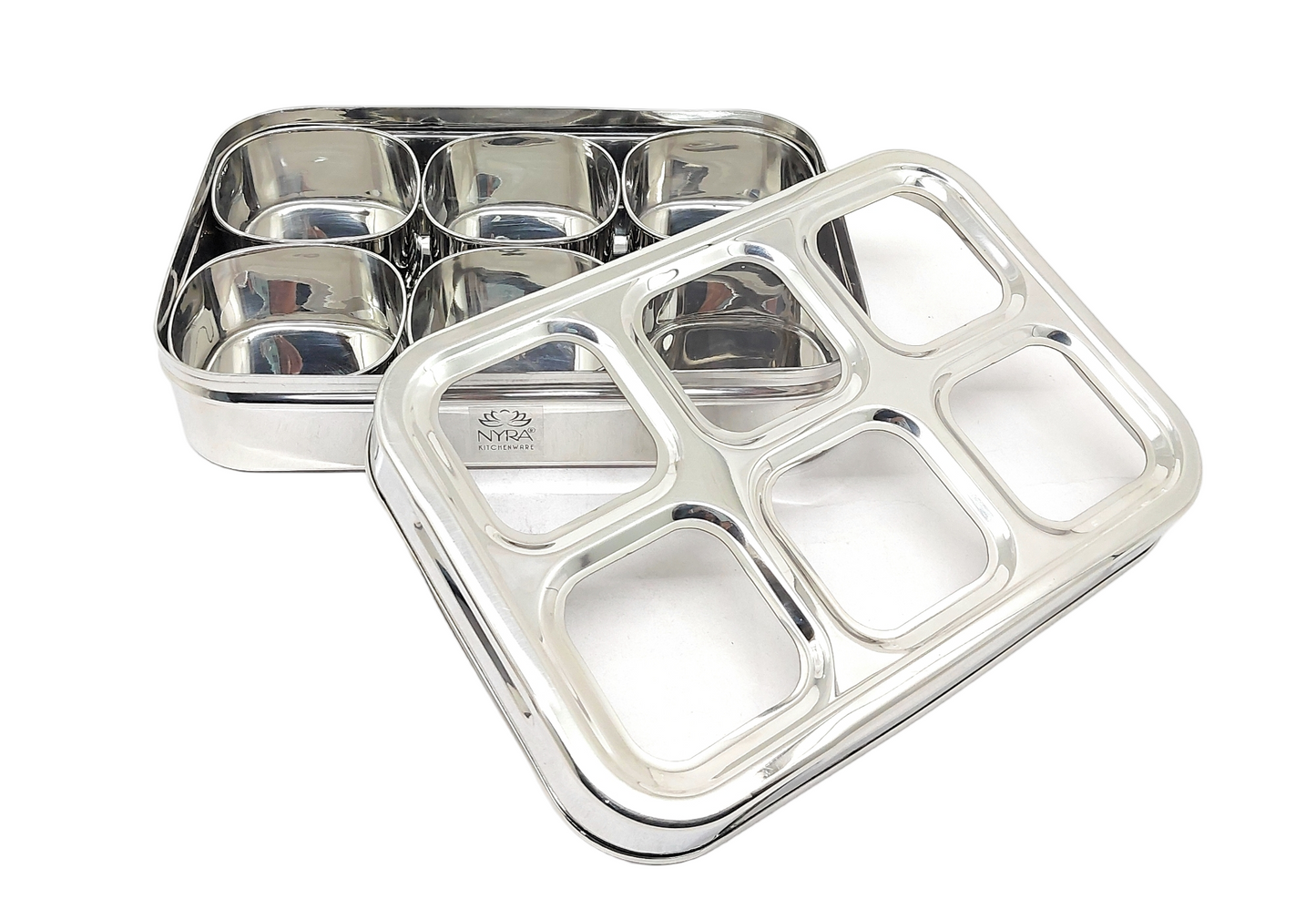 Stainless Steel 6 Compartment Dry Fruit/Spice Box for Kitchen Organization - See-Through Lid Masala/Dry Fruit Box